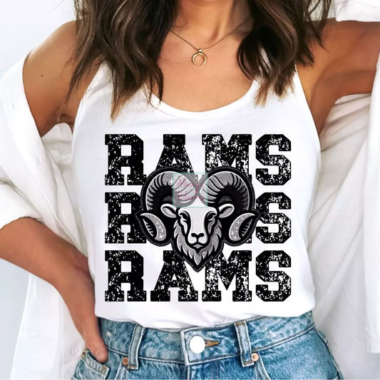 Faux Embroidery Distressed Rams Sports Mascot DTF TRANSFER or UV DTF STICKER