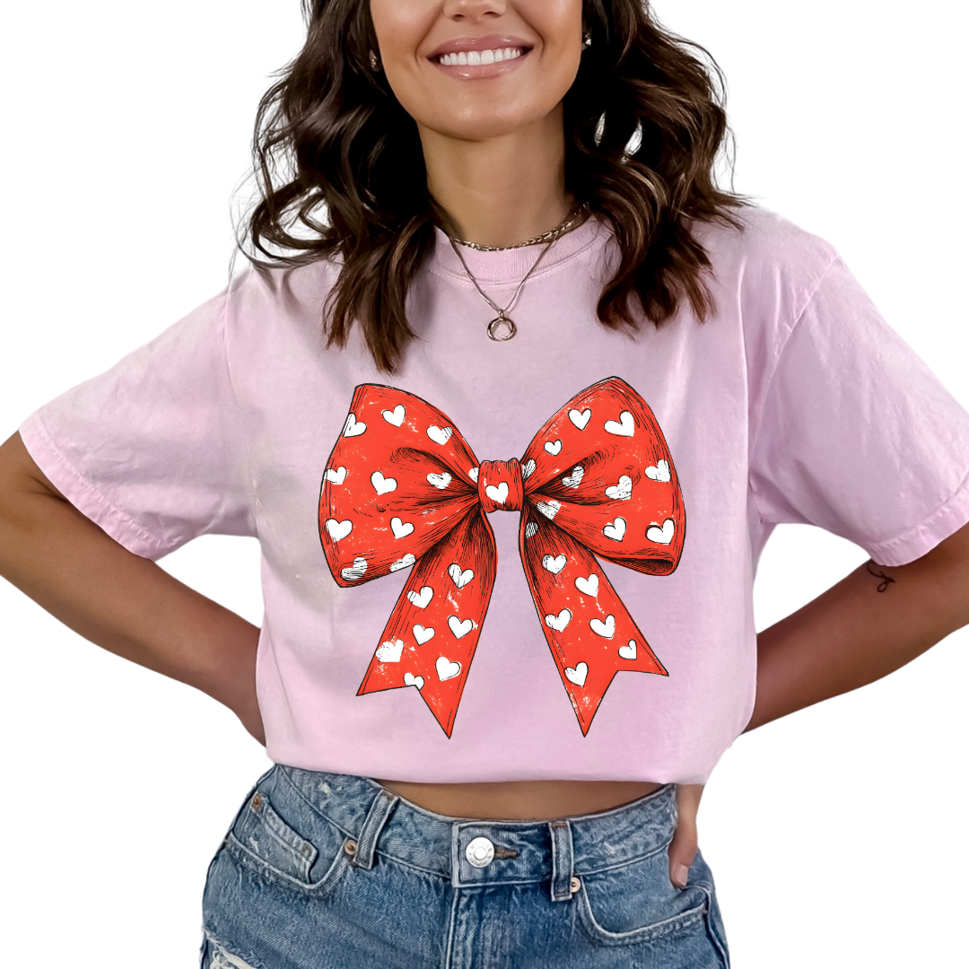 Red Coquette Bow With White Hearts Trendy Valentine's Day DTF TRANSFER