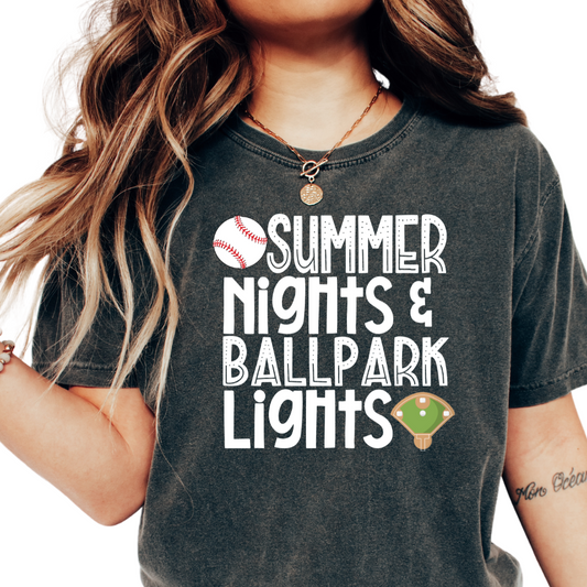 Summer Nights & Ballpark Lights (White) Baseball DTF TRANSFER