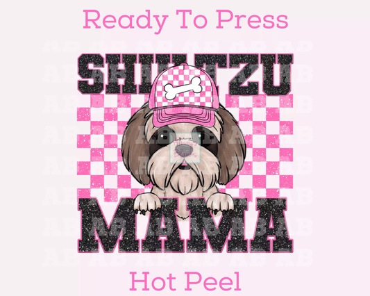 Shih Tzu Mama (Pink) Faux Sequins Faux Embroidery Mom DTF TRANSFER or UV DTF STICKER DECAL