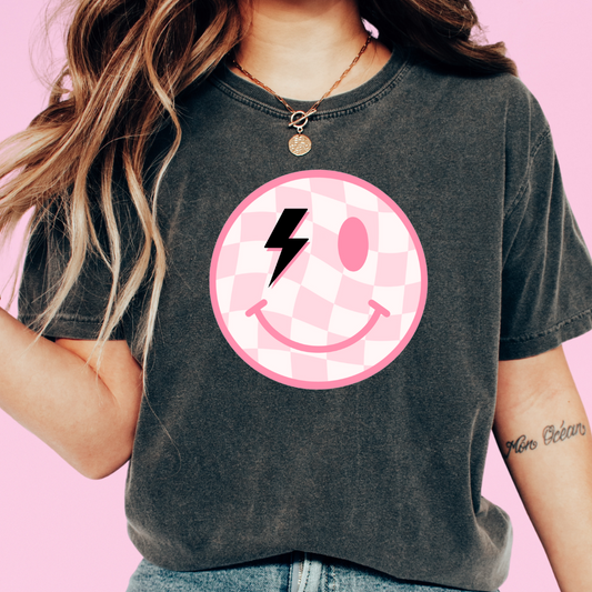 Pink Checkered Smiley Face Trendy DTF TRANSFER or UV DTF STICKER DECAL