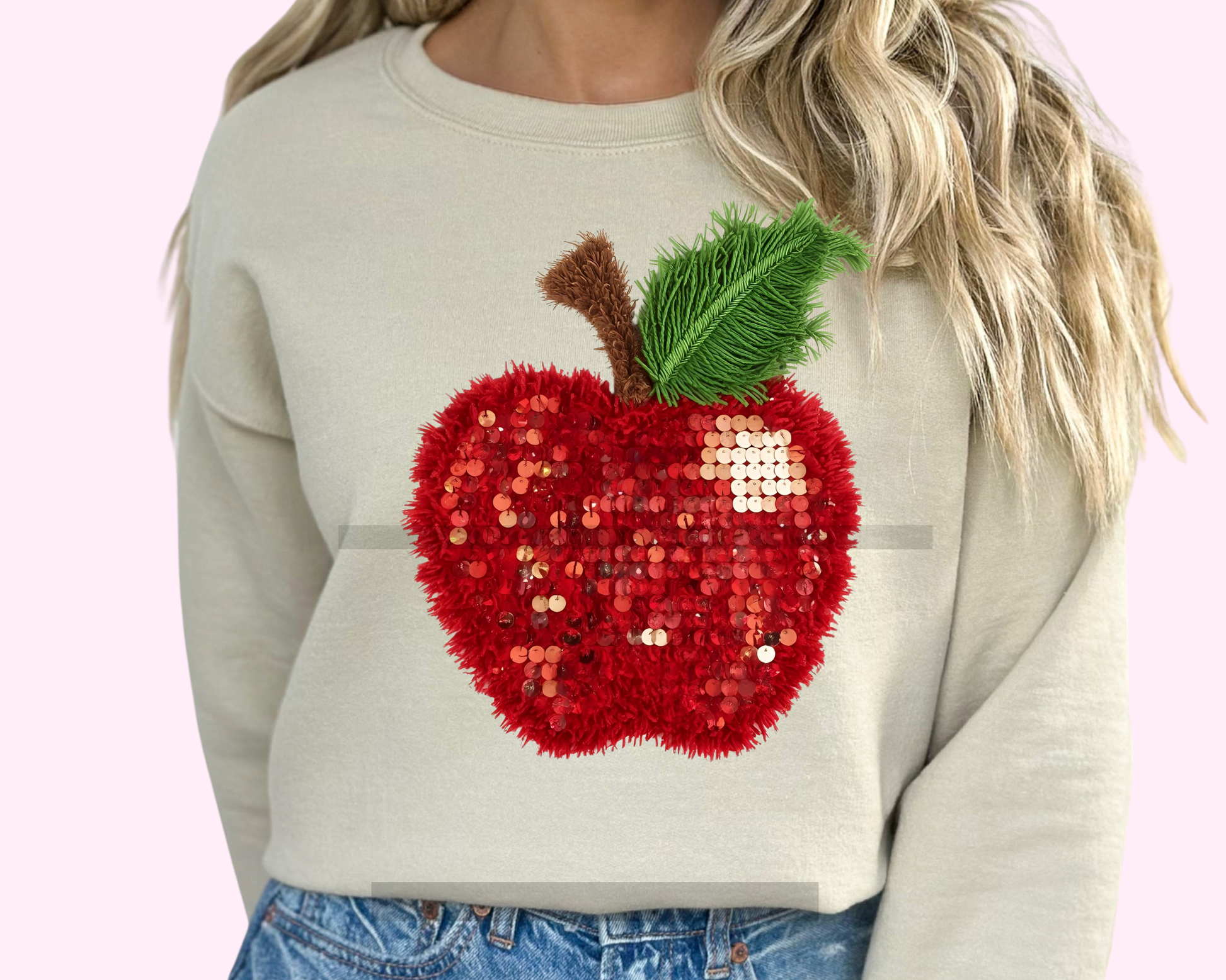 Sequins Red Apple School Teacher DTF TRANSFER or UV DTF STICKER DECAL