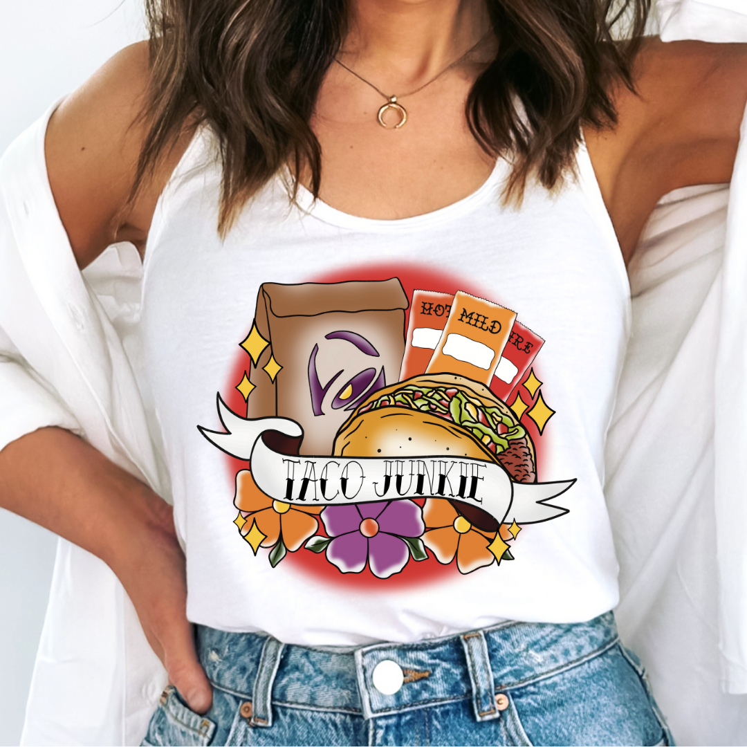 Taco Junkie Food DTF TRANSFER or UV DTF STICKER DECAL