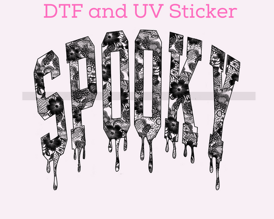 Black Lace Spooky Varsity Letters Halloween DTF TRANSFER or UV DTF STICKER DECAL