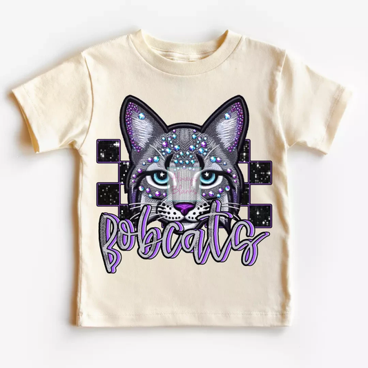 Checkered Bobcats Faux Embroidery School Mascot DTF TRANSFER or UV DTF STICKER