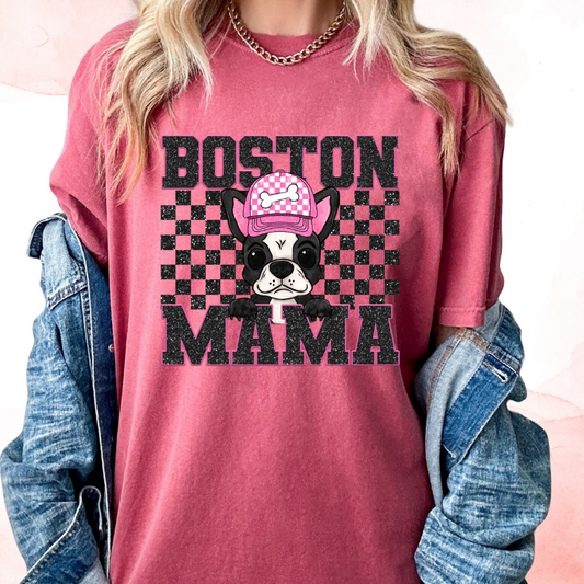 Boston Mama (Black) Faux Sequins Faux Embroidery Mom DTF TRANSFER