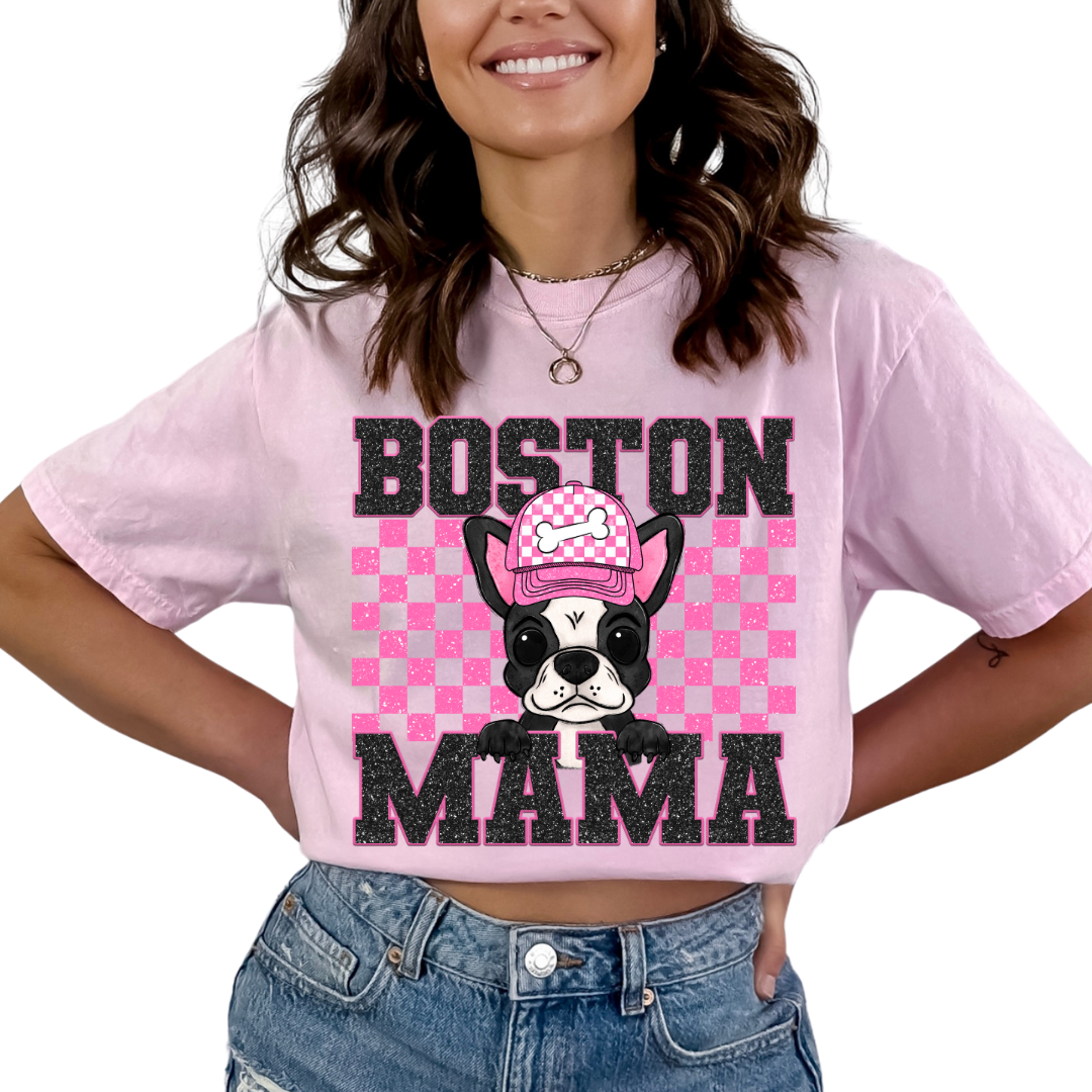 Boston Mama (Pink) Faux Sequins Faux Embroidery Mom DTF TRANSFER