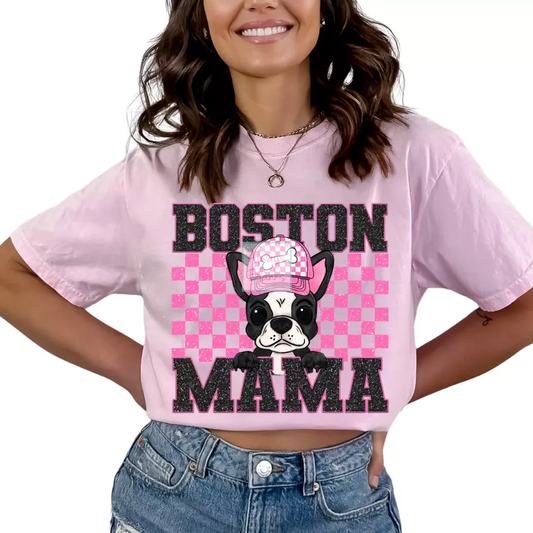 Boston Mama (Pink) Faux Sequins Faux Embroidery Mom DTF TRANSFER or UV DTF STICKER DECAL