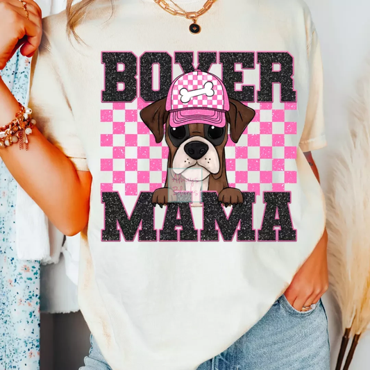 Boxer Mama (Pink) Faux Sequins Faux Embroidery Mom DTF TRANSFER or UV DTF STICKER DECAL