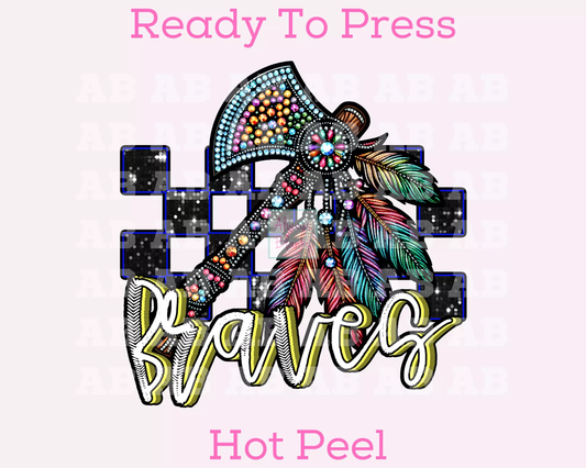 Checkered Braves Faux Embroidery School Mascot DTF TRANSFER or UV DTF STICKER
