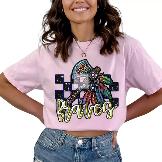 Checkered Braves Faux Embroidery School Mascot DTF TRANSFER or UV DTF STICKER