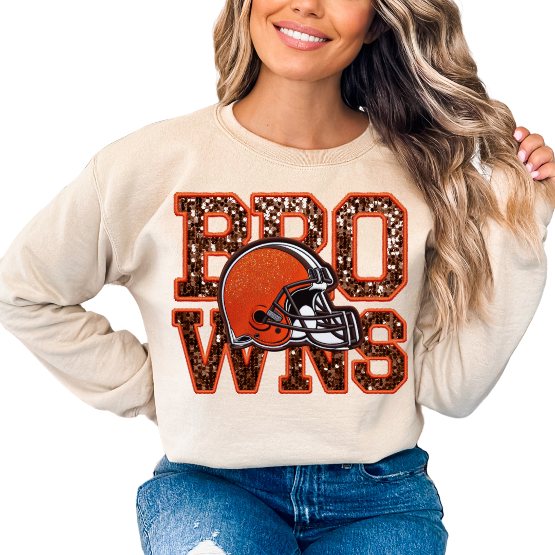 NFL Browns Faux Sequins Faux Embroidery Football DTF TRANSFER