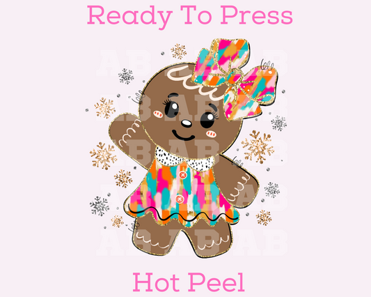 Brushstroke Coquette Bow Gingerbread Girl (Faux Glitter) Christmas DTF TRANSFER