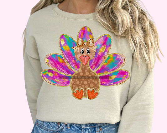 Multi Color Bow Brush Stroke Girl Turkey Thanksgiving DTF TRANSFER or UV DTF STICKER