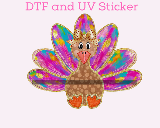 Multi Color Bow Brush Stroke Girl Turkey Thanksgiving DTF TRANSFER or UV DTF STICKER