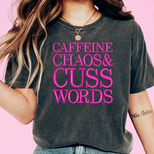 Caffeine Chaos & Cuss Words Faux Embroidery Trendy Dtf Transfer