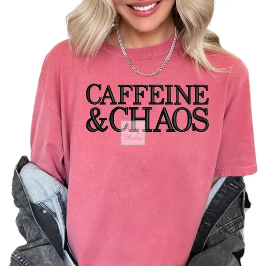 Caffeine & Chaos Faux Embroidery Mom Dtf Transfer