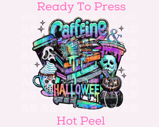 Caffeine and Halloween Faux Embroidery Halloween DTF TRANSFER