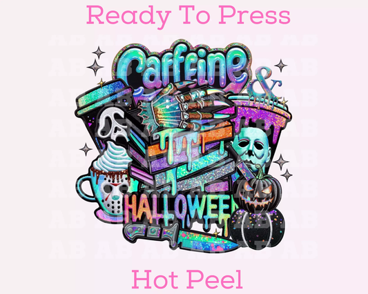 Caffeine and Halloween Faux Embroidery Halloween DTF TRANSFER or UV DTF STICKER DECAL