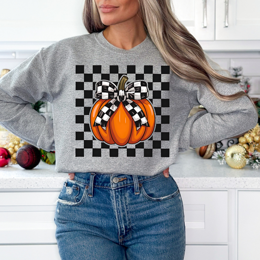 Coquette Bow Checkered Pumpkins Fall DTF TRANSFER or UV DTF STICKER DECAL