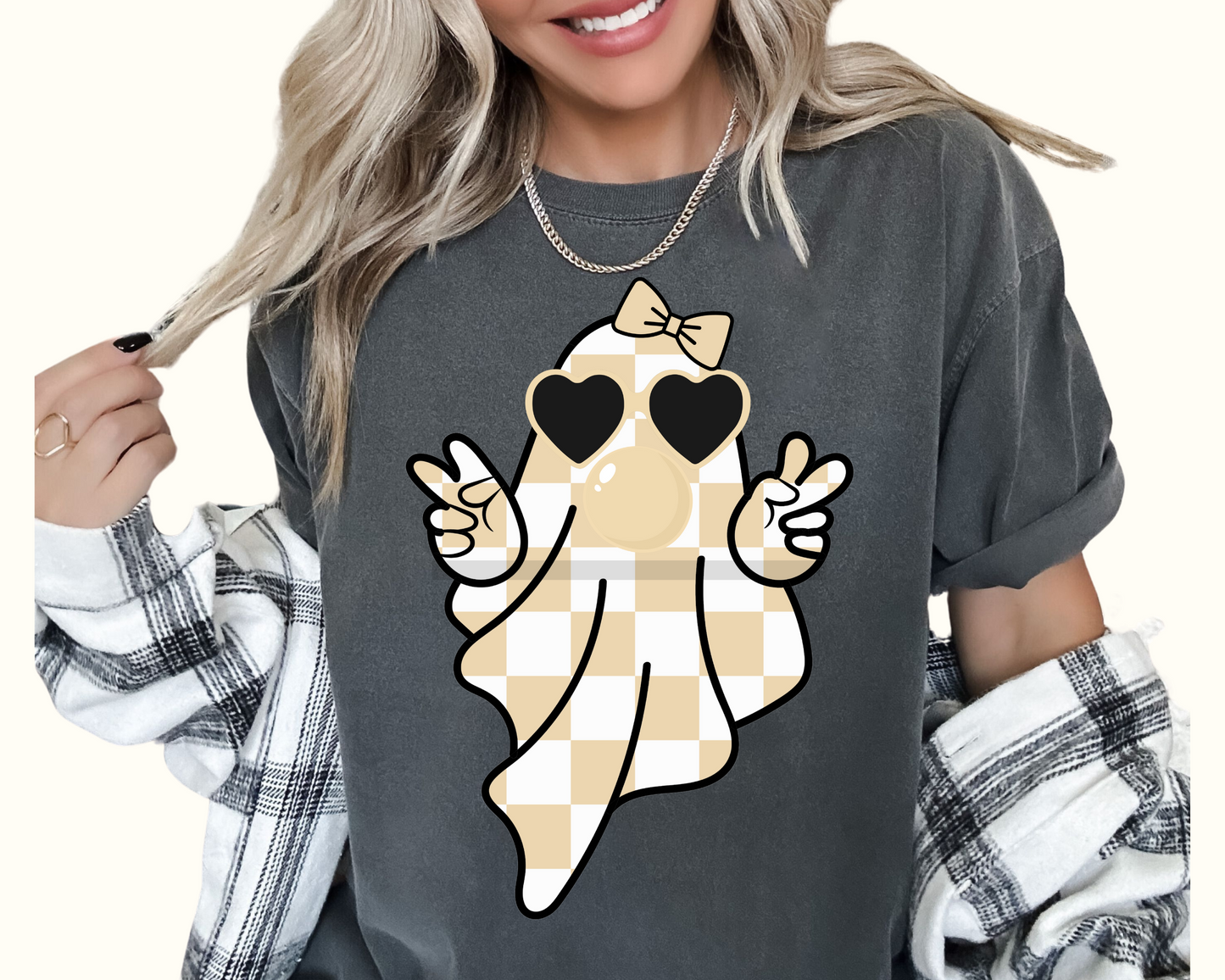 Girl Checkered Ghost Blowing Bubble Halloween DTF TRANSFER