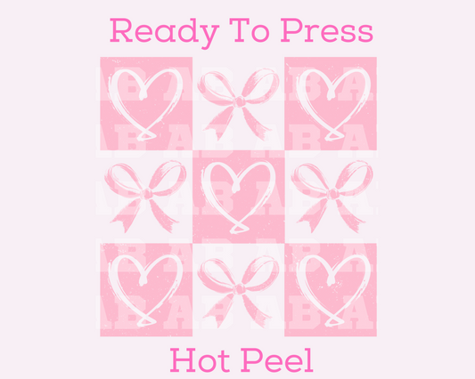 Pink Coquette Bows And Hearts Checkered Trendy Valentine's Day DTF TRANSFER