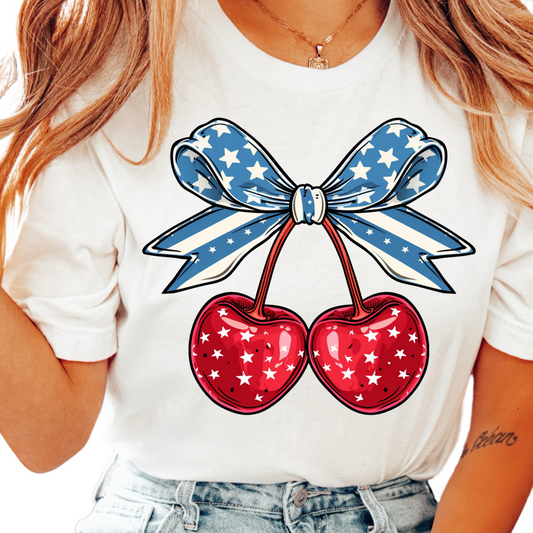 Coquette Bow Cherry 4th of July Patriotic DTF TRANSFER