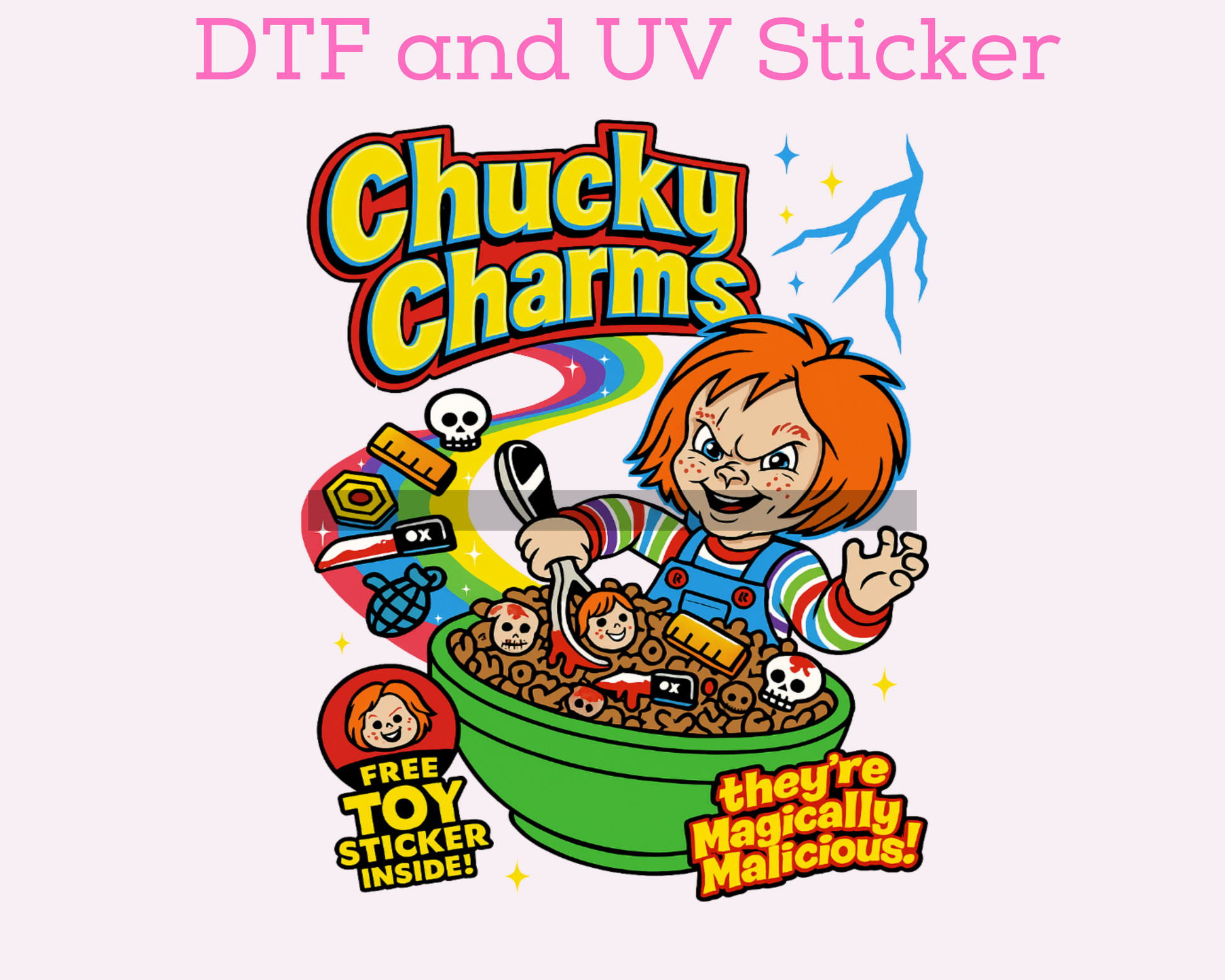 Chucky Charms Cereal Halloween DTF TRANSFER or UV DTF STICKER