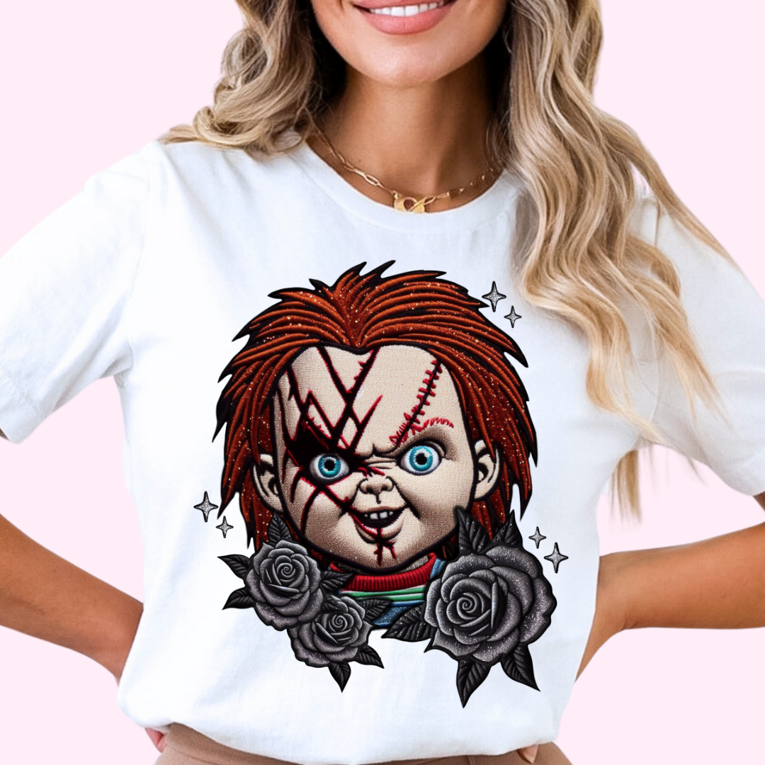 Chucky And Roses (Faux Embroidery) Halloween DTF TRANSFER