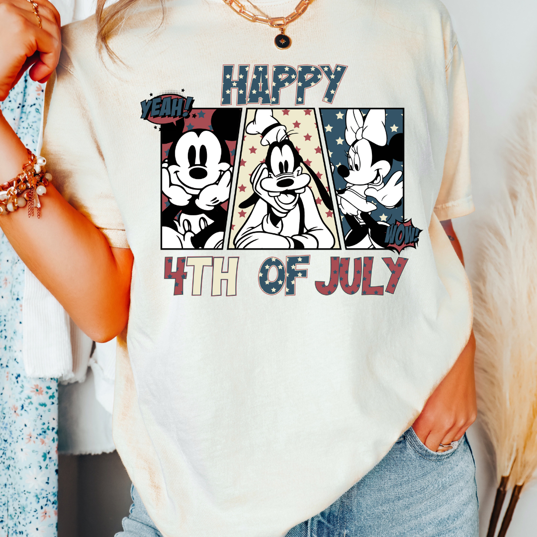 Retro Comic Mickey Minnie Happy 4th Of July Patriotic Disney DTF TRANSFER or UV DTF STICKER DECAL