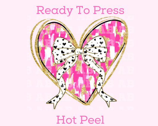 Confetti Coquette Bow (Faux Sequins) Pink Brush Stroke Heart Valentine's Day DTF TRANSFER