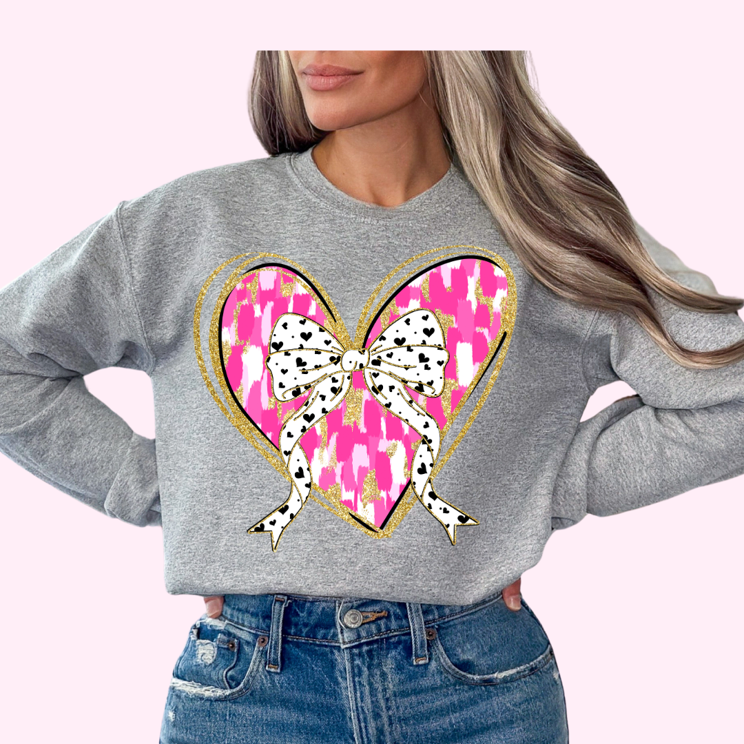 Confetti Coquette Bow (Faux Sequins) Pink Brush Stroke Heart Valentine's Day DTF TRANSFER