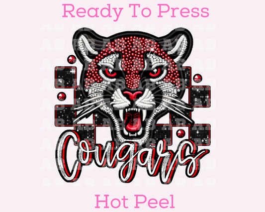 Checkered Cougars Faux Embroidery School Mascot DTF TRANSFER