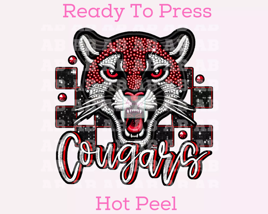 Checkered Cougars Faux Embroidery School Mascot DTF TRANSFER or UV DTF STICKER