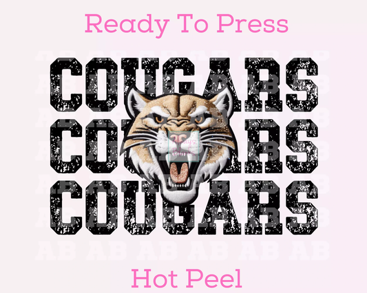 Faux Embroidery Distressed Cougars Sports Mascot DTF TRANSFER or UV DTF STICKER