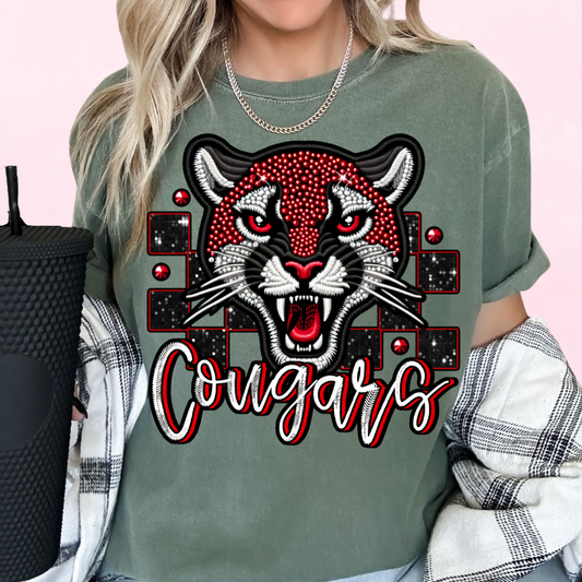 Checkered Cougars Faux Embroidery School Mascot DTF TRANSFER