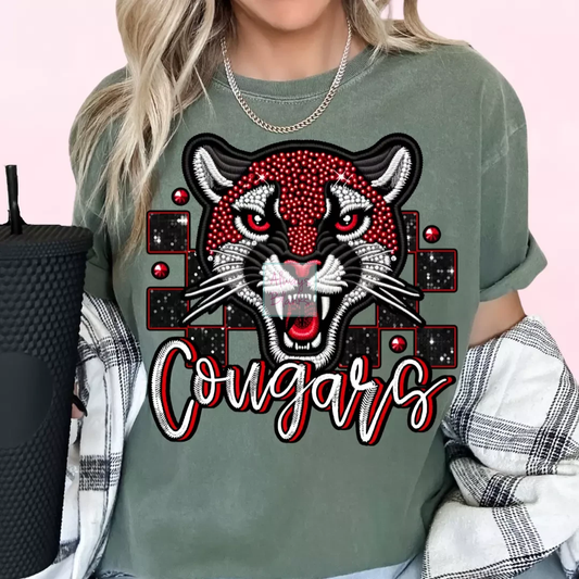 Checkered Cougars Faux Embroidery School Mascot DTF TRANSFER or UV DTF STICKER