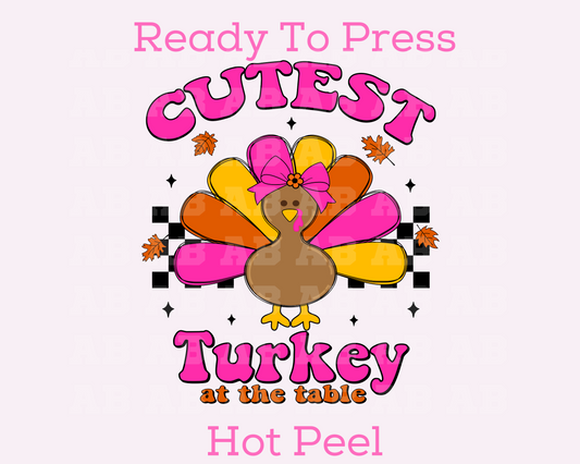 Cutest Turkey At The Table (Pink) Thanksgiving DTF TRANSFER or UV DTF STICKER