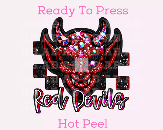 Checkered Red Devils Faux Embroidery School Mascot DTF TRANSFER or UV DTF STICKER