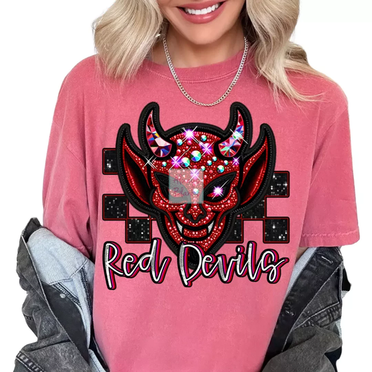 Checkered Red Devils Faux Embroidery School Mascot DTF TRANSFER or UV DTF STICKER