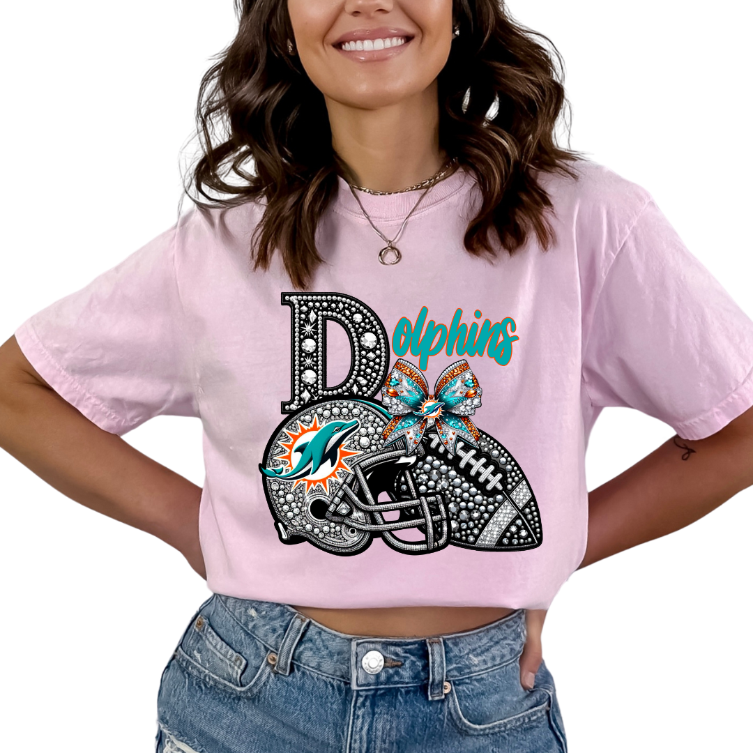 Dolphins Faux Sequins Faux Embroidery Football DTF TRANSFER