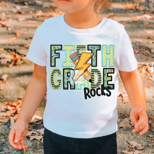 Fifth Grade Rocks Boy (Faux Embroidery) Grade Level 5th Grade  DTF TRANSFER or UV DTF STICKER
