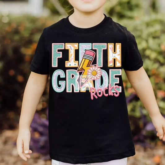 Fifth Grade Rocks Girl (Faux Embroidery) Grade Level  5th Grade DTF TRANSFER or UV DTF STICKER