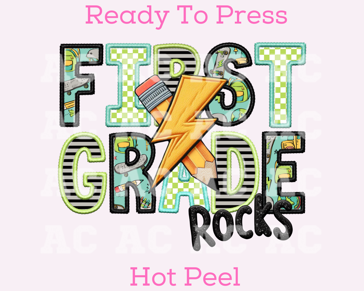 First Grade Rocks Boy (Faux Embroidery) Grade Level DTF TRANSFER or UV DTF STICKER