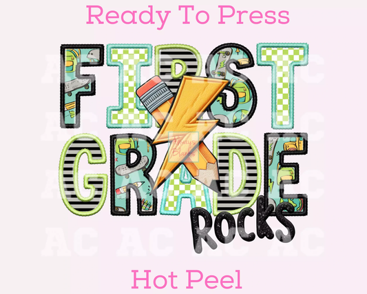 First Grade Rocks Boy (Faux Embroidery) Grade Level 1st Grade DTF TRANSFER or UV DTF STICKER