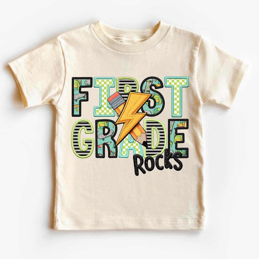 First Grade Rocks Boy (Faux Embroidery) Grade Level DTF TRANSFER