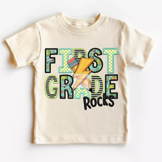 First Grade Rocks Boy (Faux Embroidery) Grade Level 1st Grade DTF TRANSFER or UV DTF STICKER