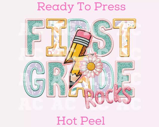 First Grade Rocks Girl (Faux Embroidery) Grade Level 1st Grade DTF TRANSFER or UV DTF STICKER