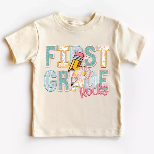 First Grade Rocks Girl (Faux Embroidery) Grade Level 1st Grade DTF TRANSFER or UV DTF STICKER
