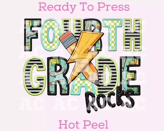 Fourth Grade Rocks Boy (Faux Embroidery) Grade Level 4th Grade DTF TRANSFER or UV DTF STICKER